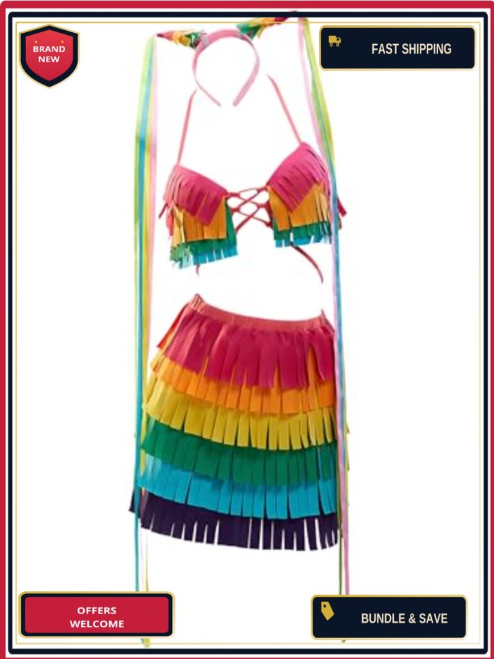 Colorful Fringe Pinata Costume Set Top Skirt Sleeves Halloween Cosplay Party